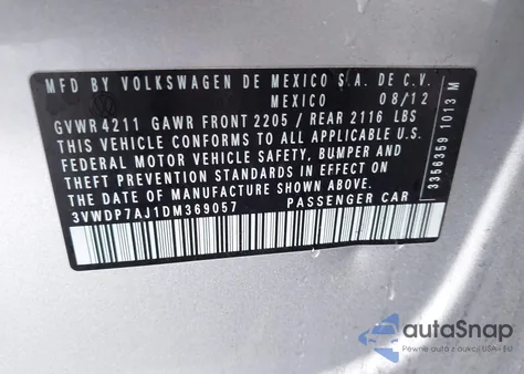 2013 Volkswagen Jetta Se z USA, uszkodzony, nr VIN 3VWDP7AJ1DM369057